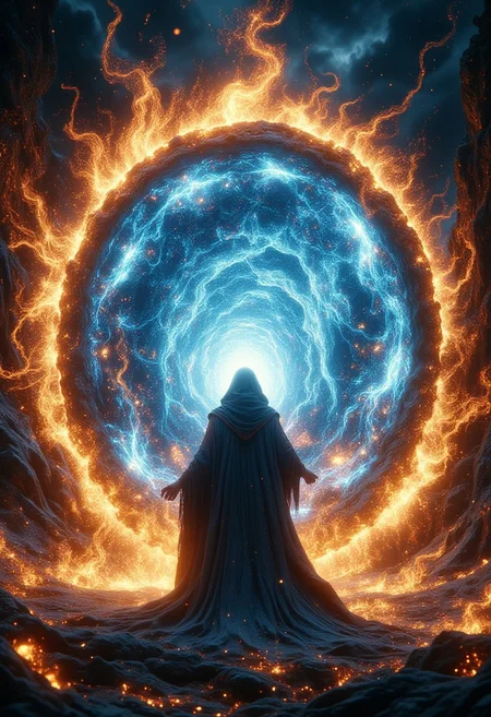 A cinematic scene. A man in the in mantle that is falling apart in the wind stands in front of a huge portal in the sands of sugars , portal of golden energy and particles , inside the portal we see blue energy vortices and buildings of Barranquilla, beautiful art visuals, fantasy landscape, shiny luminous, blue red color scheme , magic, fantasy art, symmetrical face, beautiful lighting, magical mountains, 4k, 8k, cinematic lighting, professionally retouched, dramatic lighting, emotional, octane render. Adding depth to the composition. High resolution, high detail. Highly detailed., <lora:FantasyWizardWitchesFluxV2-000001:0.8>, <lora:Dever_Flux_Enhancer:0.4>, <lora:Elden_Ring_-_Yoshitaka_Amano:0.4>