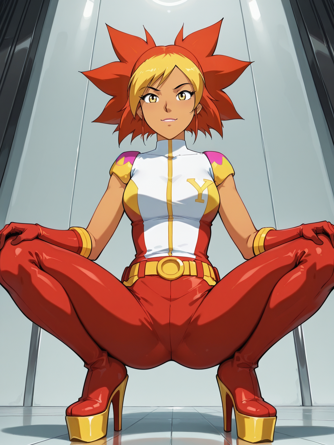 <lora:YokoIL:0.9> yo_ko, 1girl,
looking at viewer, squatting, front view, spreading legs, platform high heels