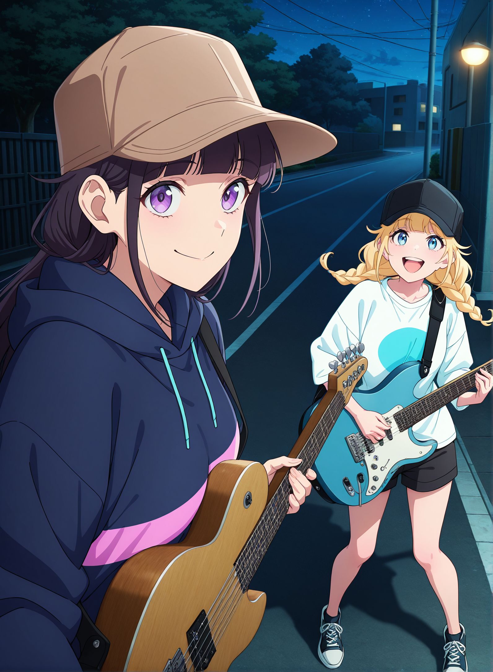 masterpiece,best quality,amazing quality,very aesthetic,absurdres,newest, huge filesize, 
<lora:spo_sdxl_10ep_4k-data_lora_webui:0.5>,anime screenshot, 2d anime,anime coloring, 
<lora:add-detail-xl:1>   paripi koumei, official art, 
2girls,  cooperative singing,holding Guitar,  night,street, 
BREAK
<lora:Paripi_Koumei_V1:1>
Paripi_KoumeiV1,
Paripi_KoumeiV1,
1girl,
solo,smile,
long hair,looking at viewer,
black hair,hood,
hoodie,hat,bangs,purple eyes,
closed mouth,blunt bangs,
portrait,hood down,brown headwear,
p_kuon,
BREAK
Paripi_KoumeiV1,
1girl,hat,
twin braids,baseball cap,
shorts,braid,
blue eyes,blonde hair,
jacket,smile,
black shorts,multicolored jacket,
black headwear,
open mouth,shirt,
long hair,
white shirt,shoes,p_eiko,