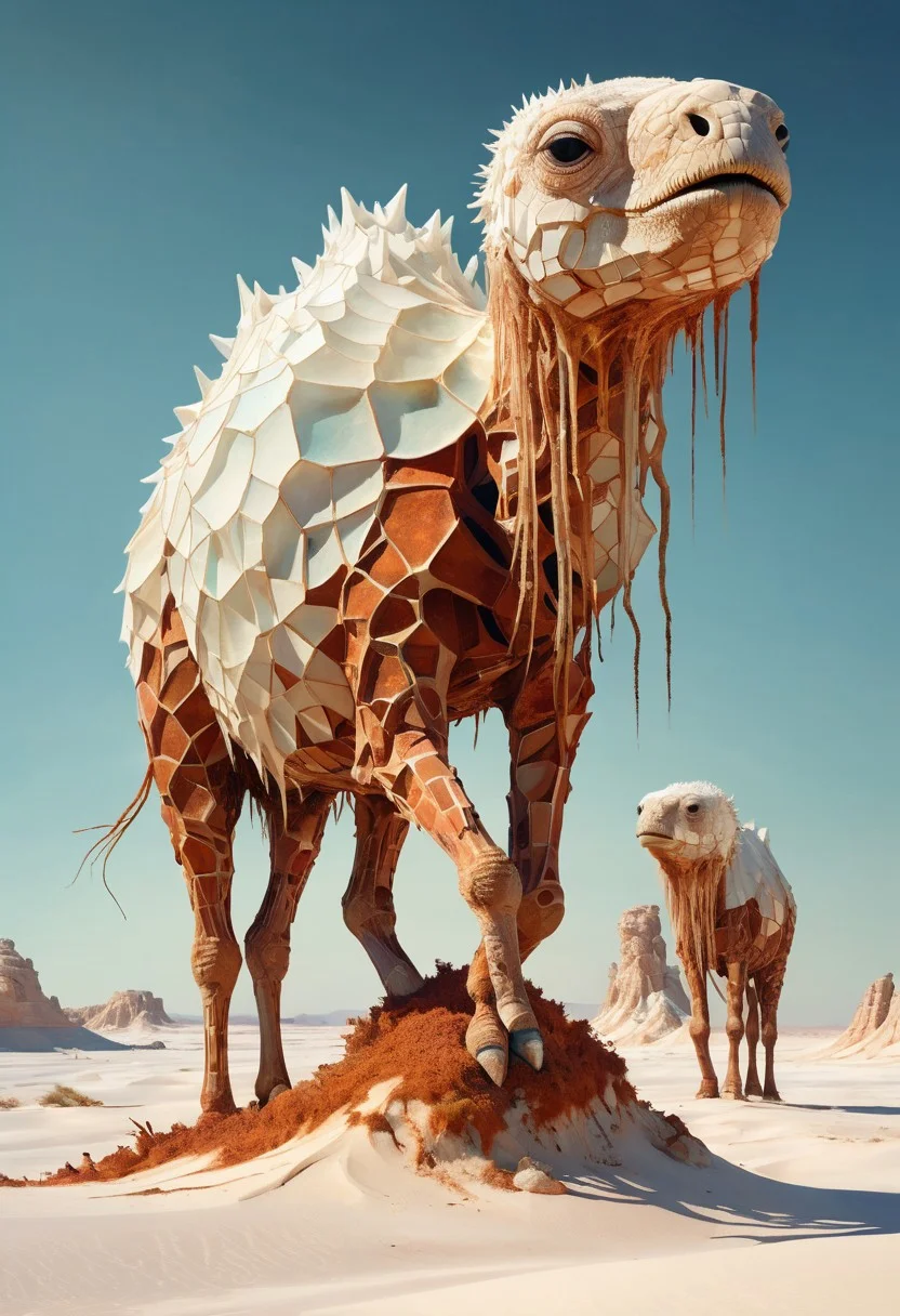 white desert oasis, salty earth, hyper detailed, rusty, striking, animalistic, bite-sized, by Floris van Schooten and by richard avedon, famous artwork inspired by (beeple:1.3) and (cliff nielsen:1.4), crystalline, fractal art, fantasy style, this peculiar life form, the "inquisitive plerkblortz" hides in the gnarling dense crystal jungles of the puffalorpled exoplanet "gazorpazorp secundus", covered in a metallic exoskeleton it ambushes its prey with (long crystalline appendages:1.4), dark, shadows, black, shadow hues, highly artistic, highly painterly, harmonic colors, expressive, ultimate aesthetic level, visible brushstrokes, masterclass artistry, vibrant energy, apocalyptic mood, atmospheric haze and dense fog, strong winds, highly aesthetic, otherworldly, limited palette, faded colors, washed out colors, extremely dark, extremely low key lighting, dark shadows, perfect composition, full panoramic shot