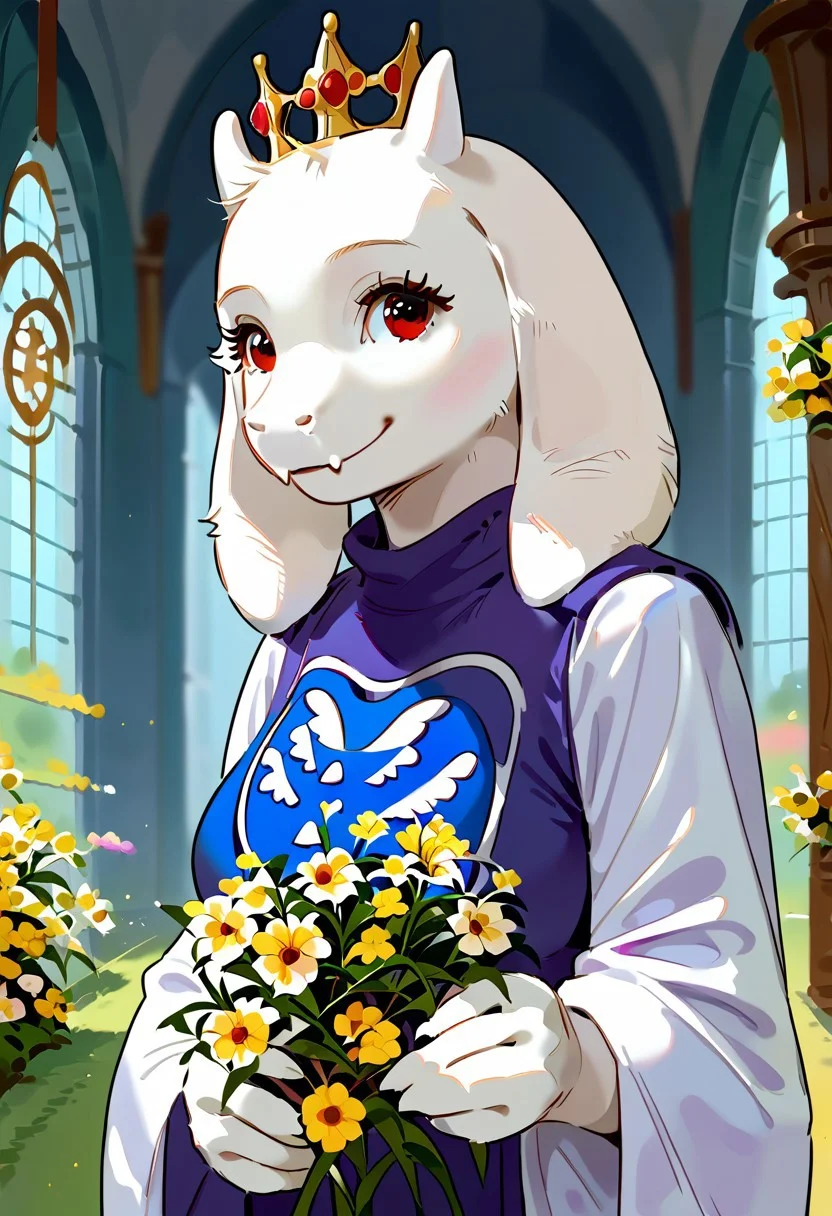 Vivid art style, outline, score_9, score_8_up, score_7_up, source_anime, hi res, masterpiece, best quality, highres, Lico_PS, very beautiful, toriel, surrounded by flowers, yellow flowers, (white fur), ((fluffy face:0.8)), (art nouveau:1.5), serene, close up, looking towards viewer, (perfect eyes:1), smile, from below, from side, ((holding flowers:2)), crown of flowers
