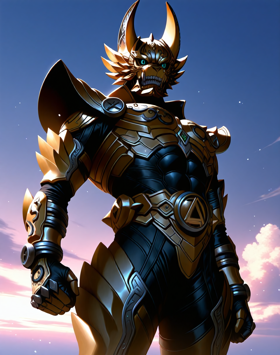 <lora:Garo_(Garo_Makai_Knight)_(Illustrious)_(AD):1.35> Garo, armor, wolf knight, 
exterior, sky with clouds, 
male focus, intense shadows, dynamic shadows, intricate details, attention to details, gradient coloring, robot, bent leg, cowboy shot, solo, abs, 
BREAK very awe, masterpiece, best quality, amazing quality, very aesthetic, highres, absurdres,
EZRealPONYXL, zPDXL, Smooth Quality, lazynsfw,