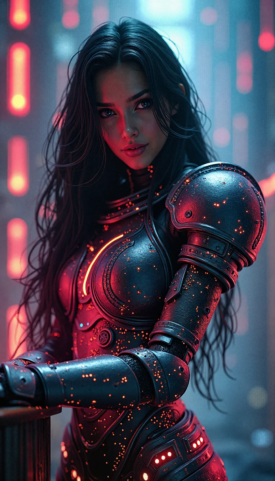 A fierce female warrior with long, flowing black hair, her armor etched with glowing rainbow colored circuits, lining strip of RGB led lighting  and electronic chip, stands in the heart of a digital nexus. leaning on object, head slightly tilt, looking at viewer smilng, long fingernails, fingerless gauntlet, Surrounding her is a vortex of luminous circuitry, casting intricate patterns of light on her armor. The scene is rendered with photorealistic detail, the lighting capturing the interplay between the metallic textures and the pulsating rainbow colored energy energy of the digital backdrop.
3d render in unreal engine