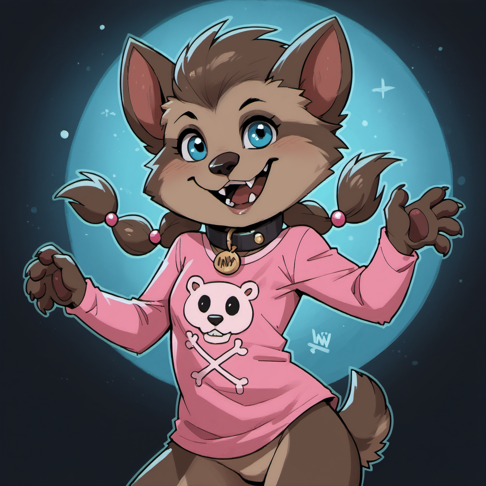 score_9, score_8_up, score_7_up, source_furry, furry, brown fur, winniew, pigtails, collar, teeth, pink shirt, <lora:Winnie_Werewolf_r2:1>