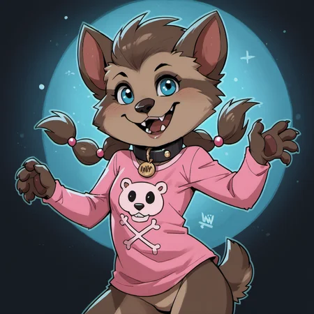 score_9, score_8_up, score_7_up, source_furry, furry, brown fur, winniew, pigtails, collar, teeth, pink shirt, <lora:Winnie_Werewolf_r2:1>