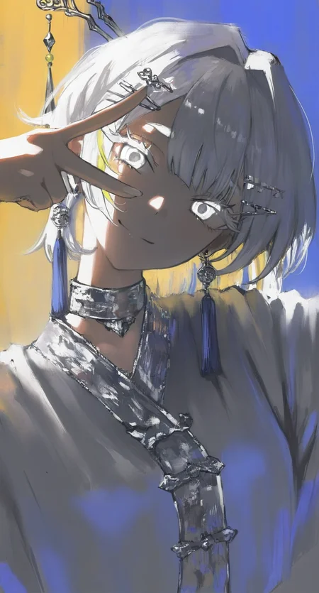 (very_awa,masterpiece,best quality,highres,absurdres),s007,yellow Highlight ,blue shadow, (overexposure:1.1), v_over_eye, smile, head_tilt, tassel_earrings, tassel_hair_ornament, multiple_hairpins, silver_trim, silver_earrings, silver_choker, white_eyes, white_eyebrows, long_eyelashes, three_quarter_view, portrait ,