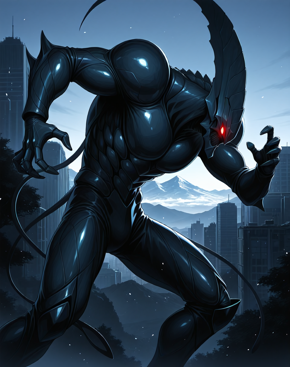 score_9, score_8_up, score_7_up,
<lora:Hyper_Zoanoid_(Guyver)_(Illustrious)_(AD):1> Hyper Zoanoid, Guyver, monster, 
exterior, science fiction, mountains, city skyline, sky with anime clouds,
cowboy shot, bent knee, dynamic action, side view, 
red and silver colored body, glowing eyes, dominating, powerful, solo, stocky, bulky, tall, long legs, kaiju monkey, 
BREAK Smooth Quality, IllusP0s, lazyhand, lazympos, lazynsfw,