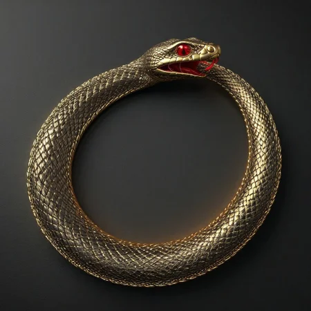 Glowing Snake,Ouroboros, 8k, high resolution, fine quality, high quality, very detailed, photo realistic, snake eating its own tail, snake with its tail in its mouth, snake, solo snake, detailxl, background, snake has a ruby as an eye.