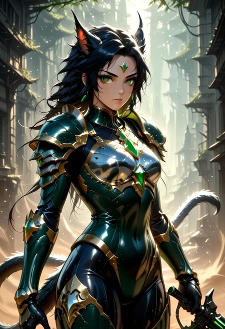armra, bodysuit, black hair, tail, weapon, shoulder armor, pauldrons, breastplate, green eyes