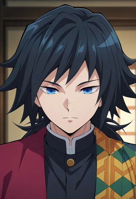 masterpiece, best quality, intricate details, anime screencap, anime coloring, official style, , 1boy, solo, male focus, <lora:giyuu_tomioka_ilxl:0.94>, giyuu_tomioka, black hair, blue eyes, bangs, long hair, low ponytail, , , ,