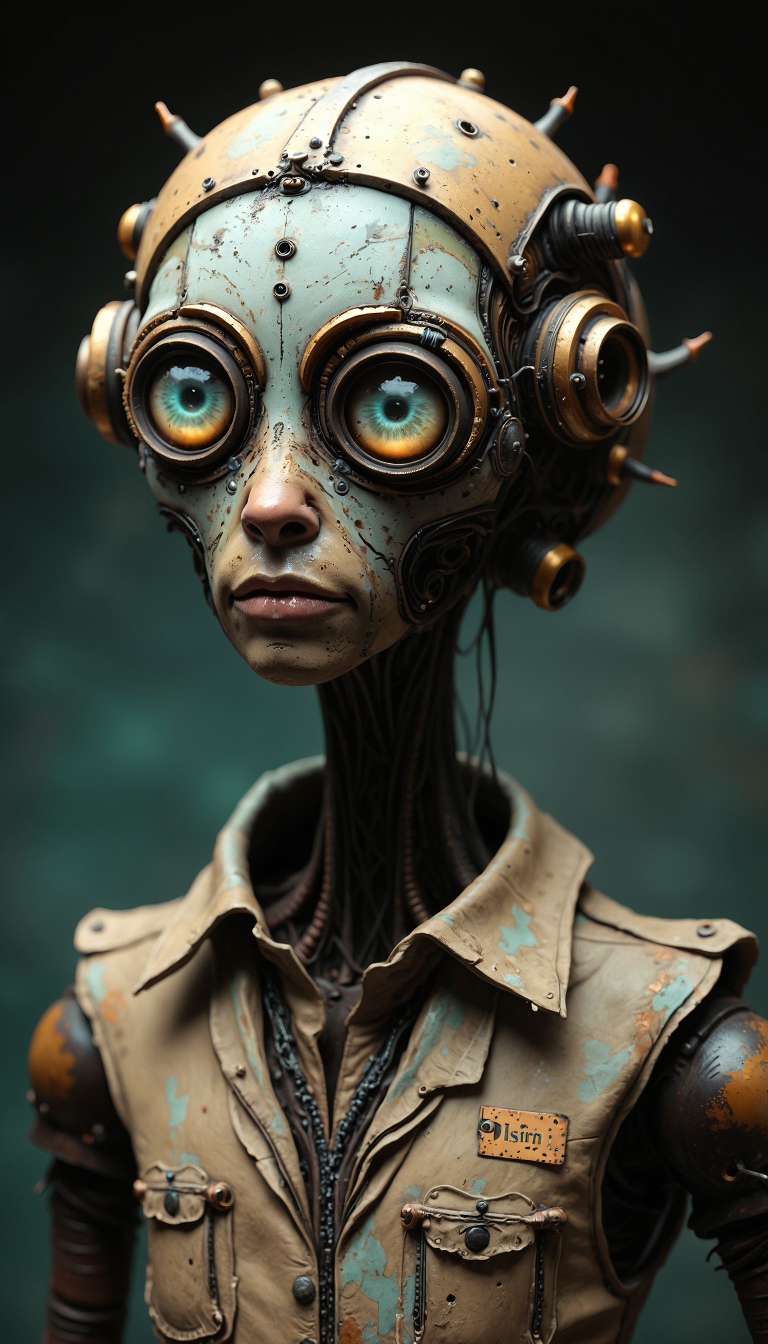 A detailed, steampunk-inspired sculpture of a humanoid robot. The robot's head is intricately designed, featuring large, round, circular eyes and a textured, metallic surface. The color palette consists of earthy tones: browns, grays, and muted blues, creating a vintage and industrial aesthetic. The sculpture's face is detailed, with a neutral expression and a slightly downturned mouth. The humanoid wears a worn-out shirt with a small, rectangular tag attached to the collar. The background is blurred, highlighting the robot as the central subject. The image evokes a sense of mystery and intrigue, as if the robot is in a state of deep thought or contemplation.