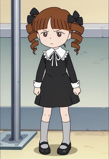 score_9, score_8_up, score_7_up BREAK HimekoJ, 1girl, brown hair, hair drills, blunt bangs, brown dot eyes, black ribbons, white-collared long-sleeved black dress, gray socks, black mary-jane shoes, gothic clothes, goth fashion, screenshot, official art, parody, anime footage, official design, screencap, anime screenshot, official screenshot, 2d, anime, source_anime, bored, full body,