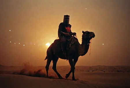 n-eeyblch, Dark neon-pastel Photo of creepy Vintage black Knight riding a majestic Camel in nightly desert, red black knight logo at chest, followed by warriors standing in a row, front view, yellow Stars in night Sky, very detailed, atmospheric haze, Film grain, cinematic film still, shallow depth of field, 
(tilt shift:1.1),(gaussian blur:1.1) (high key photo masterpiece:1.1) raw photo,(film grain:1.1),depth field,bokeh,Best quality,masterpiece,ultra high res,(photorealistic:1.1),(smooth light:1.1),photorealistic,cinematic lighting, <lora:RMSDXL_Enhance:2> <lora:RMSDXL_Darkness_Cinema:2.5>, highly detailed, high budget, cinemascope, moody, epic, OverallDetail, gorgeous, 2000s vintage RAW photo, photorealistic, candid camera, color graded cinematic, eye catchlights, atmospheric lighting, skin pores, imperfections, natural, shallow dof