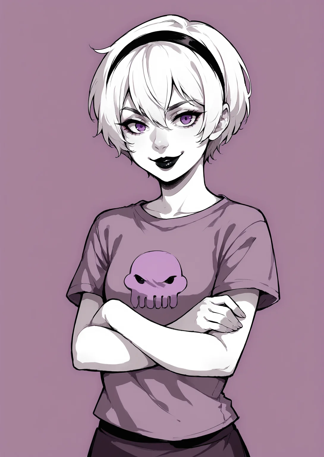 core_9, score_8_up, score_7_up, score_6_up, score_5_up, score_4_up, 1girl, white hair, black hairband, black lips, purple eyes, shirt print, <lora:Rose_Lalonde_-_outfits:0.8>, rosestart, shirt print, 1girl, solo, smile, short hair, simple background, shirt, hair between eyes, monochrome, short sleeves, hairband, lips, makeup, crossed arms, lipstick, t-shirt, purple theme, BREAK source_anime