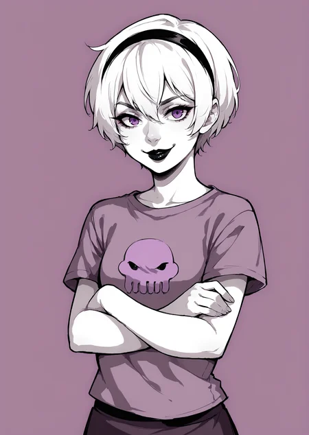 core_9, score_8_up, score_7_up, score_6_up, score_5_up, score_4_up, 1girl, white hair, black hairband, black lips, purple eyes, shirt print, <lora:Rose_Lalonde_-_outfits:0.8>, rosestart, shirt print, 1girl, solo, smile, short hair, simple background, shirt, hair between eyes, monochrome, short sleeves, hairband, lips, makeup, crossed arms, lipstick, t-shirt, purple theme, BREAK source_anime