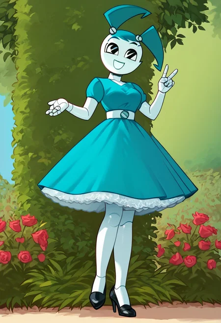 (Masterpiece, best quality:1.2), score_9, score_8_up, flat color, flat shading, soft shading, lighting, Jenny Wakeman as an adult, in a 1950's full length formal blue skirt, a white belt, button down v-neck formal black top, a fluffy frilly ruffled full white petticoat, and black high heels, dress, layered petticoat, frilly petticoat, fluffy petticoat, full petticoat, detailed petticoat ((wide skirt, detailed outfit, flowing skirt, long skirt, solid blue colored skirt, black high heels)), blue hair, series accurate, cute, best high quality, high res, robot, humanoid robot, medium breasts, whole body shot, 1girl, ((solo, outside, in a garden, standing, posing, looking at you, low angle)), cute, seductive, seductive smile, half lidded eyes, low angle shot, cartoon, cartoon style, vector, solo, circle dress, 1950s, whisperfoot_style, dance dress jenny, jenny wakeman, 1girl, solo, robot joints, black eyes, white skin, ponytail, hair bow, blue rose chest corsage, poofy dress, blue hair, flat lighting