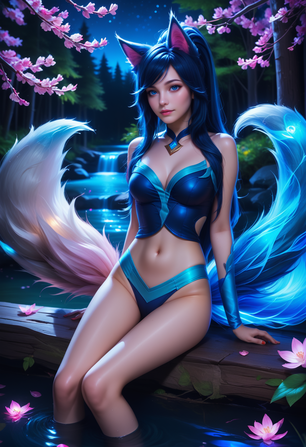 bluefoxeij sitting, river,, forrest, night sky, cherry blossoms, dark, moonlight, dimmed light <lora:BlueFoxeijPONY-000002:1>