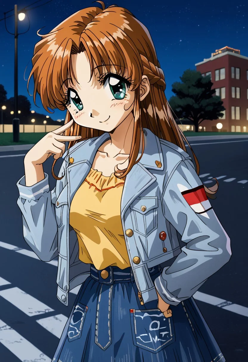 detailed background, shiny skin, posing, rating safe, <lora:komirin.pony:1.0>,
komirin, seina, smile, medium breasts, denim jacket, long sleeves, open jacket, yellow shirt, denim skirt, outdoors, Denver (city, Colorado), road, night