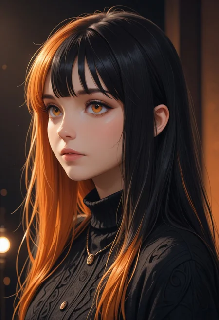 extremely detailed, masterpiece, ultra-HD, cinematic lighting, sharp focus, neutral background,black hair orange hair ends, hair, bangs,Copper_Character