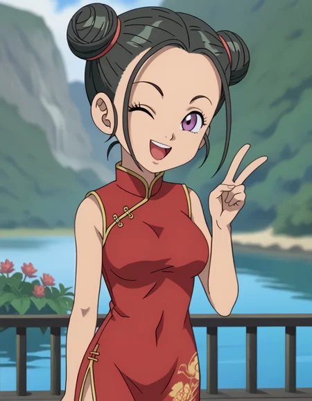 score_9, score_8_up, score_7_up, anime screencap, boubd, chinese clothes, china dress, red dress, sleeveless dress, short dress, hair bun, double bun, solo, three quarter view, cowboy shot, medium breasts, head tilt, looking at viewer, one eye closed, standing, open mouth, smile, hand up, v, arm at side, outdoors, wooden railing, plants, lake, blurry background