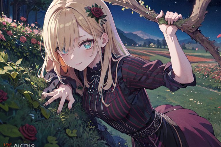 (masterpiece:1.4), 4K8K, (anime style), (high shutterspeed:1.4), (sharp edges), 
plants niji style,
flower rose, 1 woman prey with hands togather, neeling, leaning foward, 
wearing Celtic style dress, (Detailed face, Detailed eyes), 
amber colored, Alps in the background, at night,