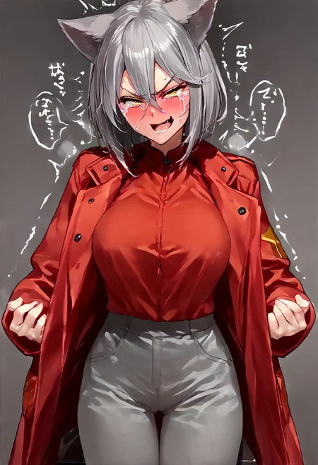 score_9, score_8_up, score_7_up, score_6_up, score_5_up, score_4_up, source_anime, solo, 1girl, absurdres, big thigh, (blush)), trembling, open mouth, (((((sweating))))), ((((seductive smirk)))), crying, (((blush))) trembling, (((embarrassed face))), (((drunk))), ((blush)), huge breasts, standing, ProjektRed, grey hair, hair between eyes, animal ears, red coat, animal tail, yellow eyes, tented shirt, (((clothes up))), ((view from in front )), shirt in pants, N0R3AL_PDXL, big nipples,