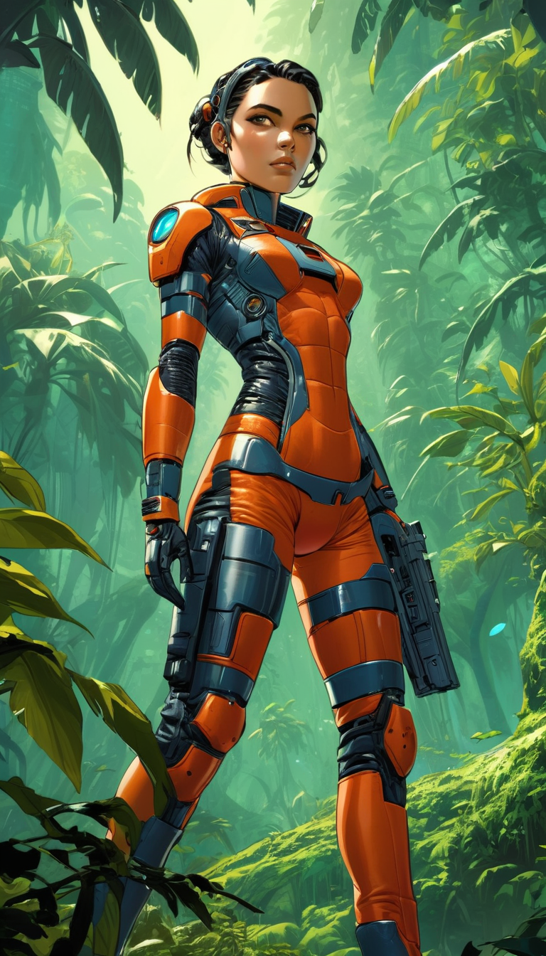 Female in space suit on a jungle planet, surrounded by robots, extremely beautiful piercing eyes, sci-fi, cinematic scene, hero view, action pose, scenery, detailed background, masterpiece, best quality, high quality, highres, absurdres, very detailed, high resolution, sharp image, intricate, 8k, vivid, colorful, sillage comic, Toni Infante <lora:sillage_xl_v1:1> <lora:toni_infante_xl_v2:1>