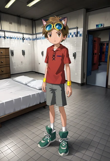 MhaYaoi_Style, bedroom,adult, ((masterpiece)), ((best quality)), ((ultra-detailed)), score_9_up, score_8_up, score_7_up, HD, top quality, best quality, High-quality illustrations, anime screencap, masterpiece, best quality, amazing quality, BREAK man male guy, fluffy messy black hair, medium length hair, hazel brown eyes, big eyes, chiseled face, defined chin, tan skin tone, full body, detailed eyes, high definition eyes, black cat ears, black cat tail, cat claws, cat claw fingers, claw fingernails, plain red shirt, blank red shirt, black shorts,standing, BREAK blank simple background,1boy, solo, brown hair, goggles on head, blue hoodie, yellow wristband, grey pants, white socks, green shoes,ruanyi0989,indoors,tile floor,