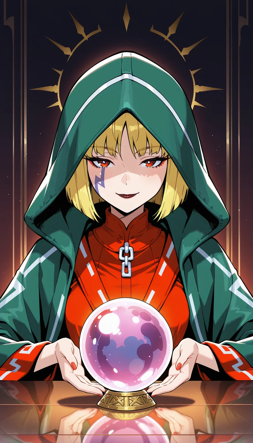 masterpiece,best quality,amazing quality,1girl,lunar_sssc_royce, portrait, sitting, table, green cloak, green hood, red trim, crystal ball, mysterious smile