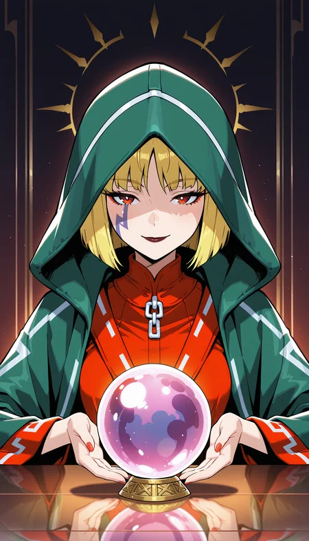 masterpiece,best quality,amazing quality,1girl,lunar_sssc_royce, portrait, sitting, table, green cloak, green hood, red trim, crystal ball, mysterious smile