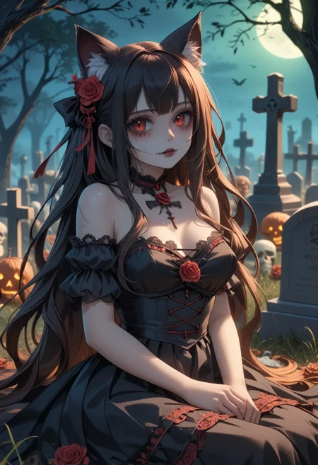 score_9, score_8_up, score_7_up, score_6_up, dynamic, (anime, masterpiece), best quality, (8k), detailed background, sharp focus, intricate, ambient lighting, super high quality, hyper detailed background, cinematic lighting, adult, double tone long hair, mature, Day of the Dead, embedding:zPDXLxxx, spooky, cat ears, long dress, sitting, graveyard, addDetailXl.MLUV, Nyaomi<lora:Nyaomi.safetensors:1.0:1.0> <lora:addDetailXl.MLUV.safetensors:1.0:1.0>