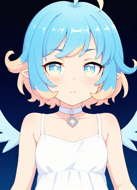masterpiece, best quality, very aesthetic, absurdres, detailed, break, amy_(princess_connect), 1girl,short hair,blue hair,ahoge,multicolored hair,bangs,blue eyes,pointy ears,choker,wings,white dress
