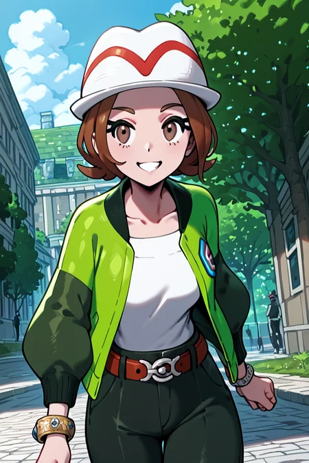score_9, score_8_up, score_8, medium breasts, (curvy), cute, eyelashes, ,,, zzMC, brown eyes, brown hair, short hair, medium hair, white headwear, green jacket, long sleeves, open jacket, white shirt, collarbone, pants, bracelet, belt buckle, ,<lora:ProtagonistFPokemonZA_PDXL_v3:1.0>, ,,, BREAK, smile, looking at viewer, cowboy shot, ,,, outdoors, sky, day, cloud, tree, blue sky, sunny, ,,, Expressiveh, ,,, <lora:Alola_Style_PDXL:0.8>, <lora:Expressive_H-000001:0.4>,
