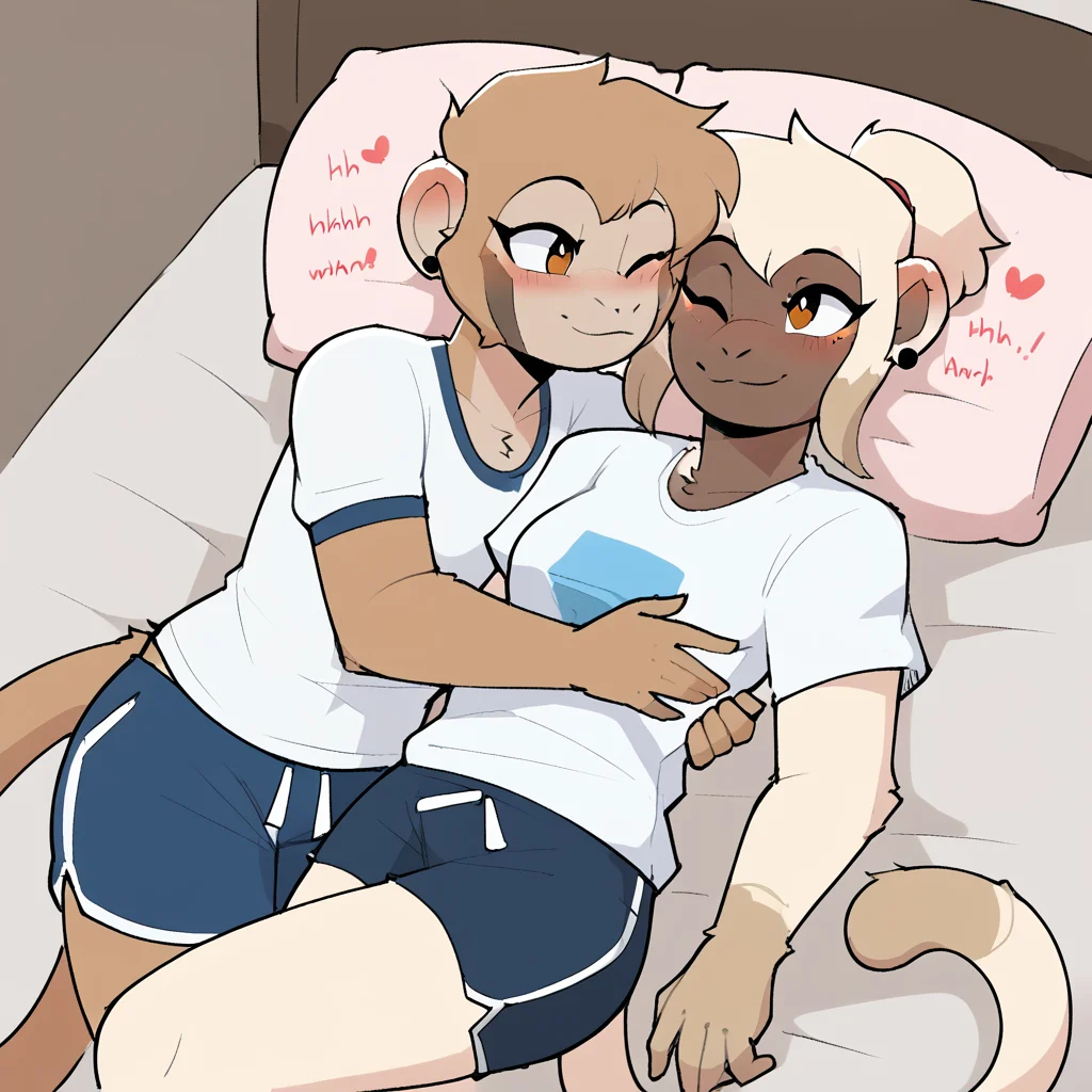 score_9_up, score_8_up, score_7_up, score_6_up, by remanedur, furry female, kae, monkey, white arms, white and dark body, dark body, orange eyes, multicolored body, female, furry, white hair, ear piercing, head tilt, t-shirt, blush, shorts, dolphin shorts, hug, embrace, nuzzling, cuddling, on bed, on back, bedroom, happy, smile, slim, female/female, romantic, eye contact, looking at another,  romantic couple, monkey, monika lee, female, furry, short hair, brown hair, brown eyes, one eye closed, brown body, monkey tail, duo, t-shirt, athletic, sportswear, dominant female, head tilt, blush, <lora:PDXL_artist_tags_v2_big:0.6> <lora:The-Minuscule-Task_PDXL_v1.0:0.7>  <lora:Kae_Sonokido:0.8> <lora:Monika_Lee_427deer:0.75>