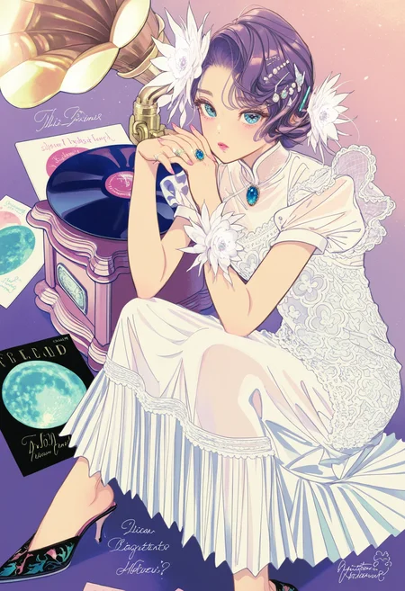 phonograph, 1girl, record, solo, dress, hair ornament, flower, high heels, jewelry, sitting, looking at viewer, hair flower, white dress, blue eyes, short sleeves, pink nails, white flower, purple hair, nail polish, see-through, gem, purple background, hairclip, signature, lace, lace-trimmed dress, own hands together, short hair, long dress, brooch, puffy sleeves, lace trim, english text, bird, album cover, foot out of frame, blue gemstone, artist name, parted lips, ring,
BREAK,highres,absurdres,masterpiece,newest,best quality,Visual impact,very awa,very aesthetic,amazing quality