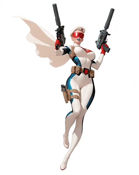 solo, (full body shot, wide shot:1.2), 1girl, (30 year old Russian woman:1.2), beautiful female cyborg spy, fair skin, (white with light blue accents superhero bodysuit with armor padding:1.3), white body armor vest, thigh pistol holsters, white cloak, white military beret, cyborg, cybernetic seams, utility belt, blue eyes, epic red visor, long blonde hair, hair bun, white arm length gloves, slim waist, (toned body:1.1), (large breasts:1.2), wide hips, ultra detailed face, (blue lips:1.2), confident closed mouth smile, strong jaw line, white thigh high superhero boots, (shooting a uzi machine pistol with a suppressor:1.2), white background, (dynamic pose, dynamic composition, dynamic angle:1.2), digital painting, masterpiece, best quality, very awa, absurdres, 8k, comic art style, <lora:NOOB_vp1_detailer_by_volnovik_v1:0.6> <lora:noobai_vpred_1_aqm_complete_v3:0.3> masterpiece, best quality, very aesthetic <lora:HyperdetailedColoredPencilIl:0.3> ArsMJStyle, Colored pencil hyperdetailed realism <lora:ponyv6_noobE11_2_adamW:0.3> <lora:illustriousXL_stabilizer_v1.7:0.4> <lora:Comics_IllustriousXL_Lora:0.3> C0M1C5 Style <lora:Superhero_Aesthetic_Illustrious:0.3> SUP3RH3R0 Style, comic art style, <lora:Carlos GomezStyleilluLYCO:0.3> cgstyle, (borderless), <lora:ppw_v7_Illuv1.0_1_r2:0.2>, <lora:anatomy_helper:1> <lora:Uzi_-_Machine_Pistol:0.5>