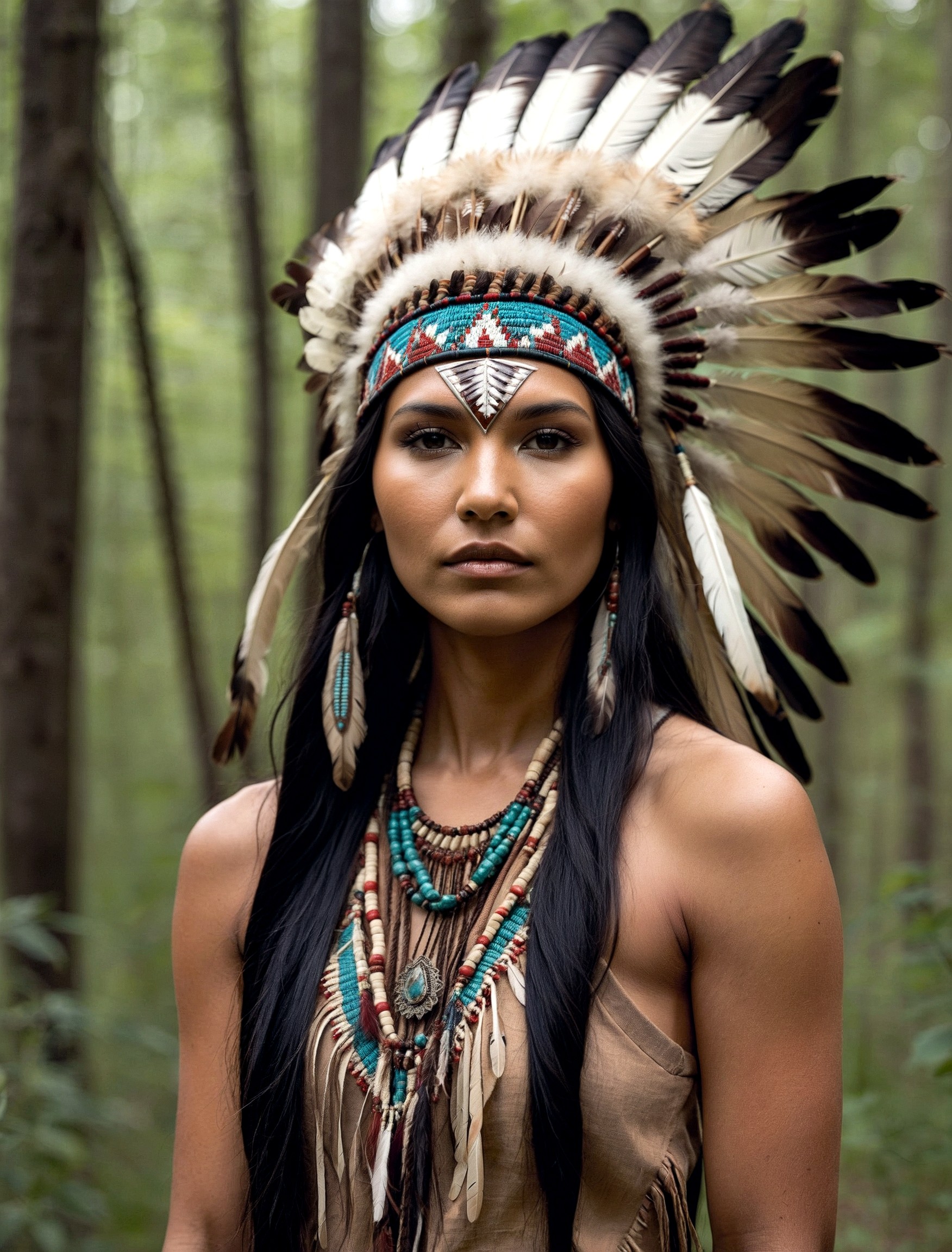 A fashion magazine photography of a proud Native American woman emerges from the forests with resilience and strength encased in every enchanting strand of ebony hair.