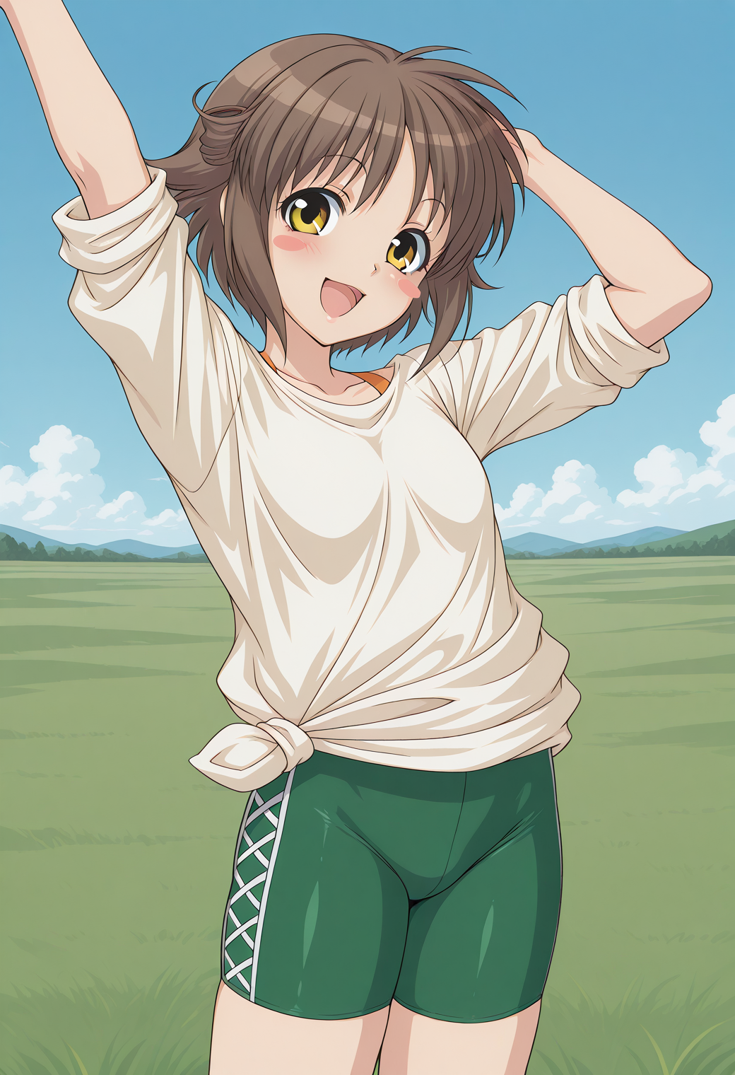 enomoto_aya, yellow eyes, brown hair, short hair, blush stickers, shirt, tied shirt, sleeves rolled up, green shorts, bike shorts, <lora:enomoto_aya_illustrious_ver1:0.8> 
smile, open mouth,, masterpiece, best quality, sensitive,, 1girl, solo, blue sky, (grasslands:1.2), looking at viewer,, (cowboy shot, dynamic pose:1.4),