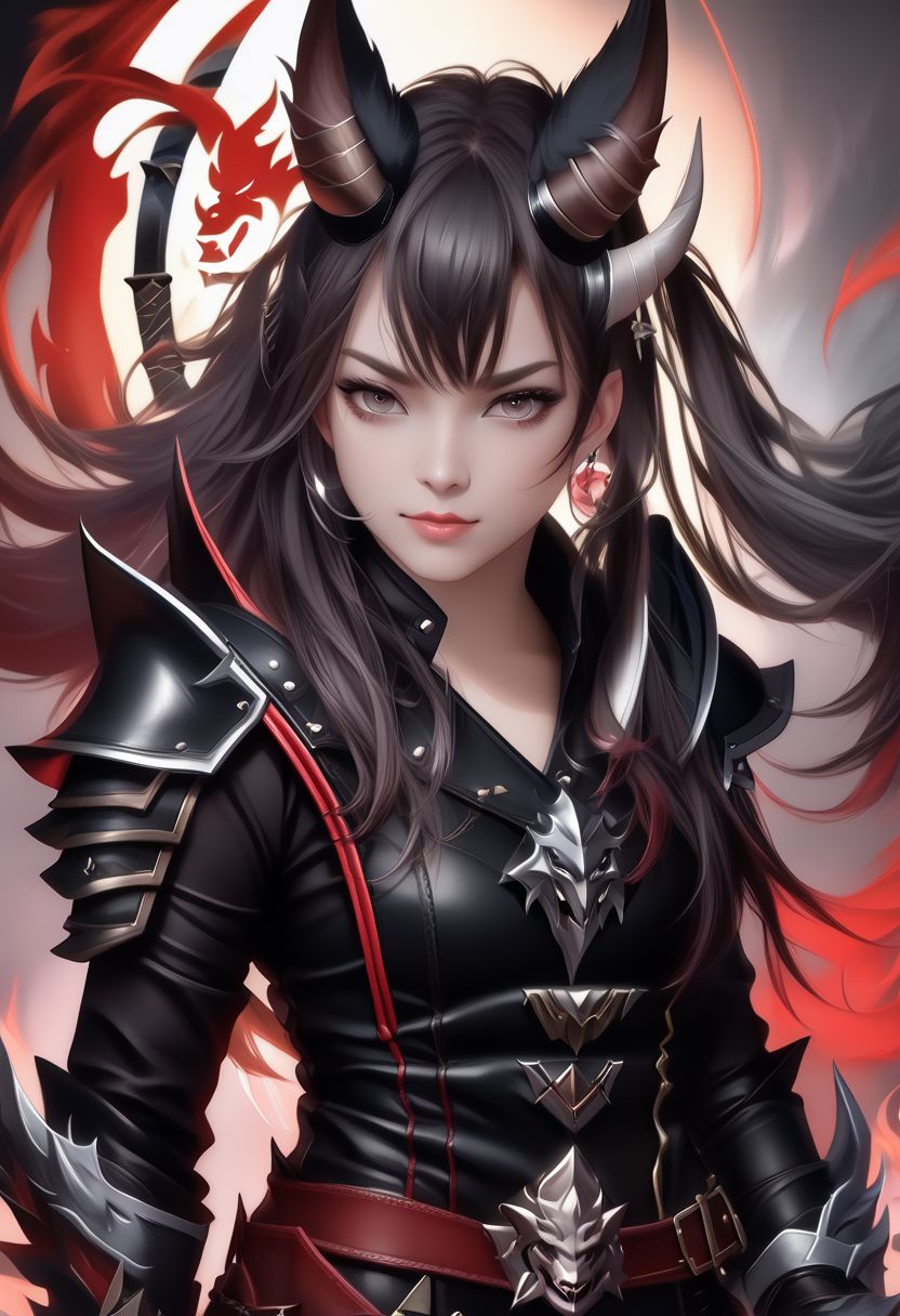 A horned female teen rogue wearing ((leather armor)), black suit, oni girl with wolf-ears, dangerous Kemonomimi waif, brunette assassin, tiefling thief, black hair, three small horns, [onii (Shuna, Hakurou) horns], tri-horn (masterpiece:1.5), (best quality), (disharmonic + ugly + unaesthetic:1.5)