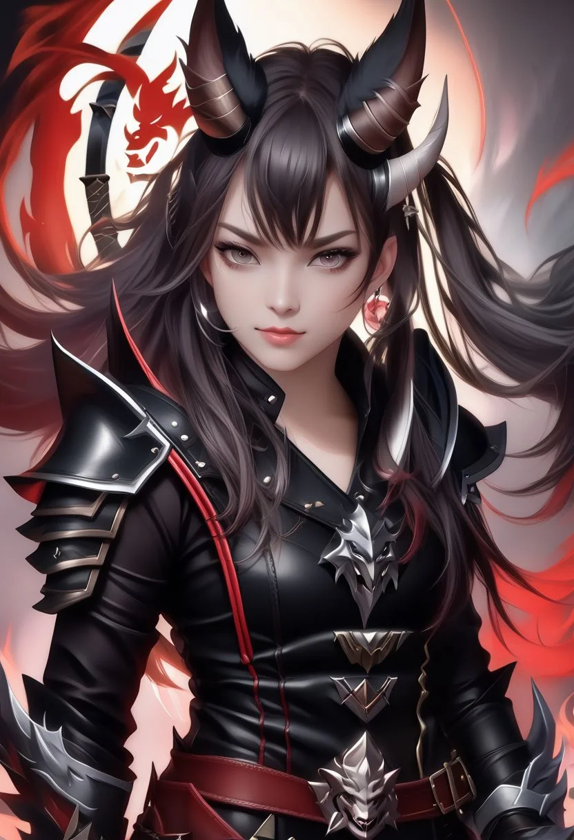 A horned female teen rogue wearing ((leather armor)), black suit, oni girl with wolf-ears, dangerous Kemonomimi waif, brunette assassin, tiefling thief, black hair, three small horns, [onii (Shuna, Hakurou) horns], tri-horn (masterpiece:1.5), (best quality), (disharmonic + ugly + unaesthetic:1.5)