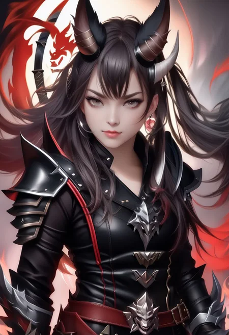 A horned female teen rogue wearing ((leather armor)), black suit, oni girl with wolf-ears, dangerous Kemonomimi waif, brunette assassin, tiefling thief, black hair, three small horns, [onii (Shuna, Hakurou) horns], tri-horn (masterpiece:1.5), (best quality), (disharmonic + ugly + unaesthetic:1.5)