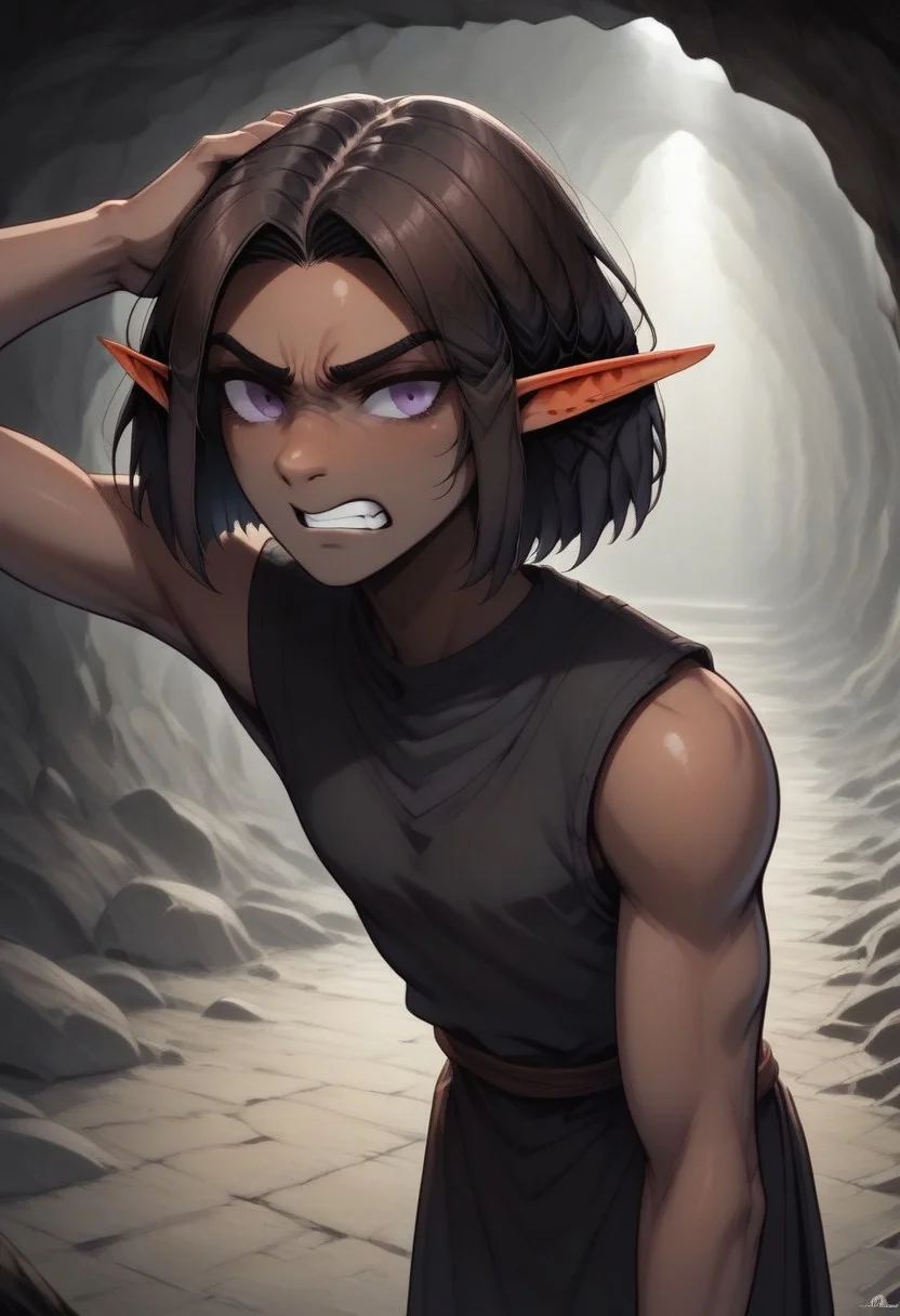 Repeta, 1 person, snout nose, solo, pointy ears, violet eyes, dark skin, dark brown hair, chin-length hair, parted hair, black sleeveless top,
Hands on head, gritted teeth, bent over, pained expression,
organic cavern background,
Medieval style,
Bordered by rock walls, front view,
Smooth colors, highly detailed face, clean lines, high quality, best quality, masterpiece, score: 9, score: 8 up, rating: safe, source: semi-realistic,