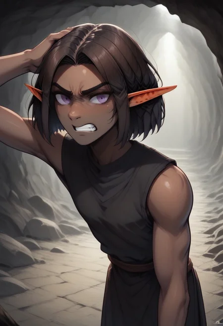 Repeta, 1 person, snout nose, solo, pointy ears, violet eyes, dark skin, dark brown hair, chin-length hair, parted hair, black sleeveless top,
Hands on head, gritted teeth, bent over, pained expression,
organic cavern background,
Medieval style,
Bordered by rock walls, front view,
Smooth colors, highly detailed face, clean lines, high quality, best quality, masterpiece, score: 9, score: 8 up, rating: safe, source: semi-realistic,