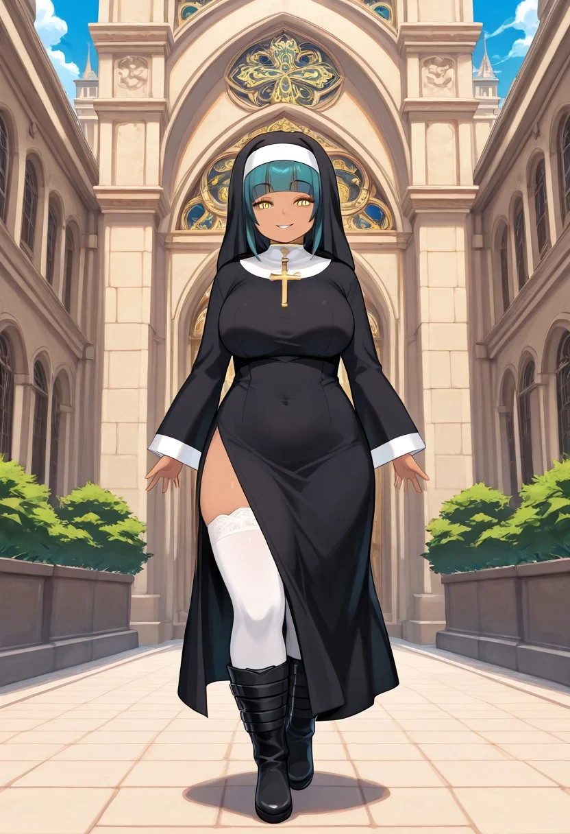 score_9, score_8_up, score_7_up, score_6_up, high resolution, gorgeous, absurdres, best quality, anime screencap, source_anime, shiki /(psychedelic g2/), official art, 1girl, solo, Veronica Rossi, teal hair, yellow eyes, tanned skin, wide hips, large breasts, habit, nun, thigh-high socks, boots, cross, black dress, smile, outdoors, italy, city, walking, smile