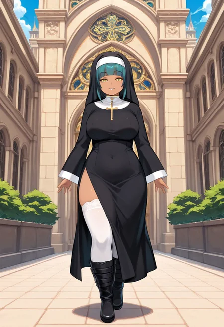 score_9, score_8_up, score_7_up, score_6_up, high resolution, gorgeous, absurdres, best quality, anime screencap, source_anime, shiki /(psychedelic g2/), official art, 1girl, solo, Veronica Rossi, teal hair, yellow eyes, tanned skin, wide hips, large breasts, habit, nun, thigh-high socks, boots, cross, black dress, smile, outdoors, italy, city, walking, smile