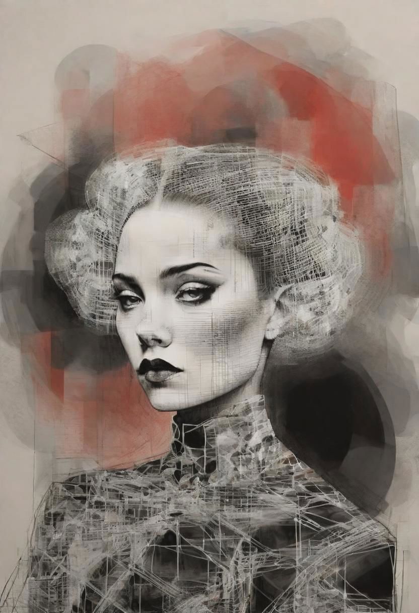 rough crosshatch drawing pop surrealism pop art Lunatic_Portrait of a girl in latex, slick back, low bun, black makeup, tj