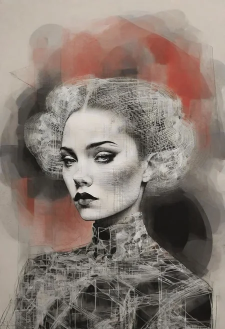 rough crosshatch drawing pop surrealism pop art Lunatic_Portrait of a girl in latex, slick back, low bun, black makeup, tj