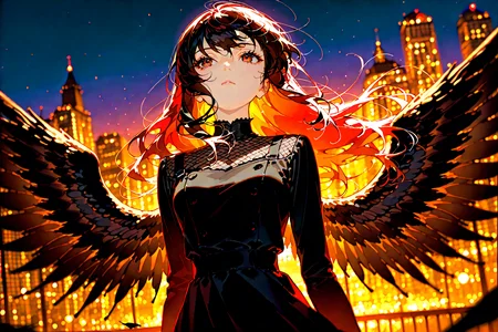 score_9, score_8_up, score_7_up, 1girl, cinematic angle, night, Angels, Black Wings, black dress, Depth of field, 4k wallpaper, cinematic shadows, chiaroscuro,  [(simple background:1.2)::0.2], (night sky background:1.2), masterpiece, best quality, amazing quality, very aesthetic, absurdres, highres, newest, intricate details, high contrast, <lora:ponyv4_noob1_2_adamW:1.0> <lora:enhancerV4-pony:1> <lora:illustrious_noobai_epsilon_pred_1_best_quality_v1:1> <lora:illustrious_noobai_epsilon_pred_1_masterpieces_v1:1>