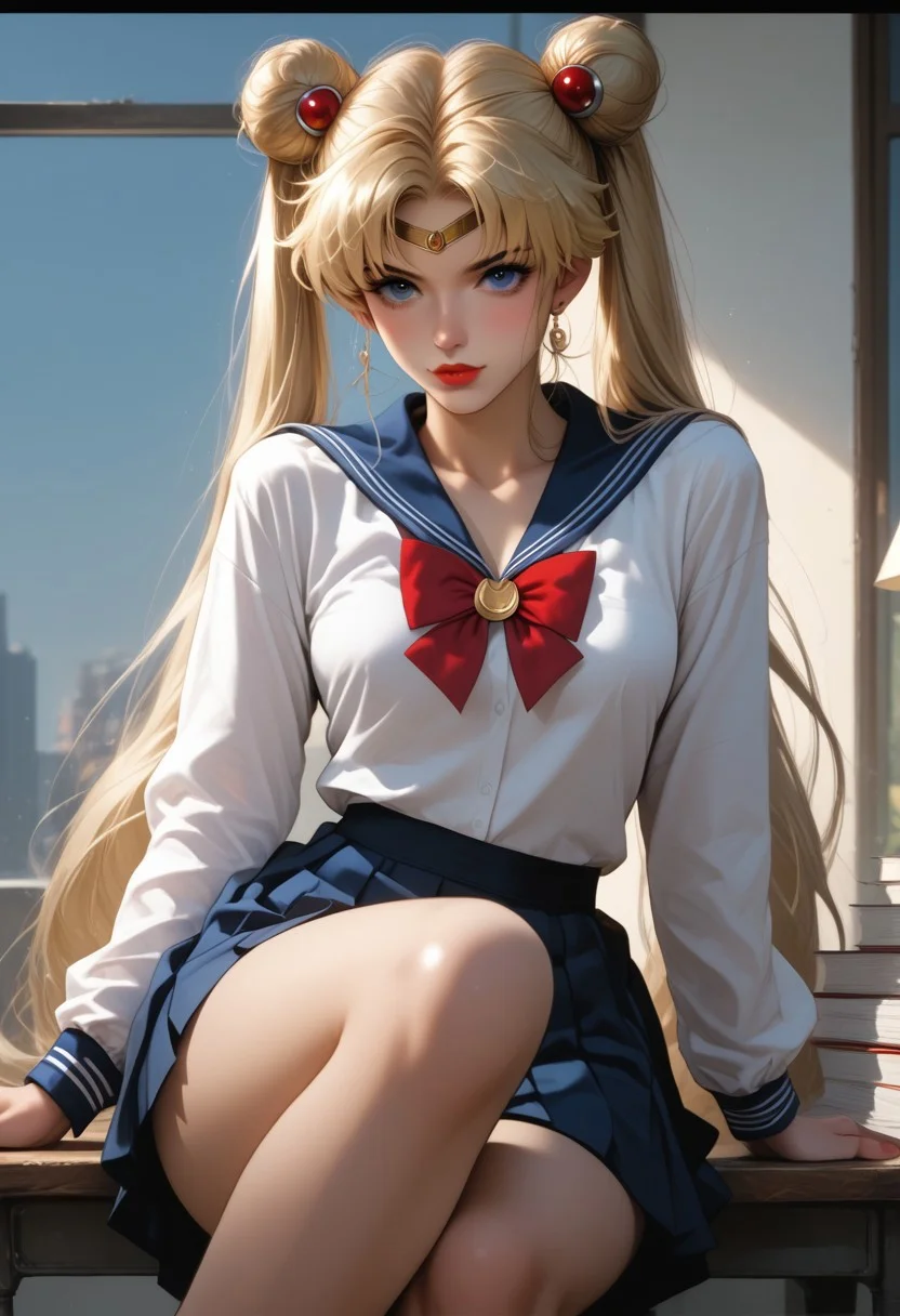 score_9, score_8_up, score_7_up, score_6_up, 1 girl, Usagi tsukino /sailor moon, 20yo, cute face, office girl outfit, red lipstick, puffy lips, blonde hair, (long hair, straight hair), twintails hair,  hourglass body, medium boobs, natural breasts, curvy hips, huge ass, looking at viewer, sitting on table, leg crossed over leg, cinematic angle, cinematic lighting,