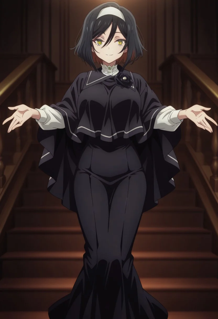 safe_pos, Linaris the Obsidian, 1girl, solo, yellow eyes, bangs, hair between eyes, short hair, black hair, red inner hair, white hairband, large breast, black dress, long dress, black poncho, white blouse, black flower, brown pantyhose, brown boots, standing on top of steps, hands reaching out on both side, looking at viewer, legs together, eyes open, closed mouth, light smile
BREAK
inside, medium close-up shot
BREAK
anime screencap, anime coloring, anime colored background, detailed background, detailed face, detailed eyes, shiny skin, shiny hair, red shine, absurdes, highres, dynamic pose, masterpiece, best quality, official art, cel shaded, graphic illustration, digital painting, CGI, very detailed, amazing quality, intricate details, dynamic pose, HDR, UHD, 8K, Fineline illustration, Highly detailed, ultra-fine painting, sharp focus, physically-based rendering, extreme detail description, Professional, Vivid Colors, Cinematic Lighting, lens flare, moody lighting, Tyndall effect, available light, Volumetric Lighting, rim light